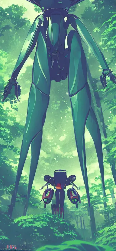 Image similar to pilot looking up at giant humanoid plant mech, coming through treetops, forest, key art, sharp lines, towering above a small person, aesthetic, anime, trigger, shigeto koyama, hiroyuki imaishi