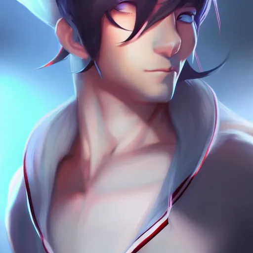 Image similar to buffed guy, long white hair, horns, red eye makeup, style of makoto shinkai and artgerm and loish, dynamic lighting trending on artstation