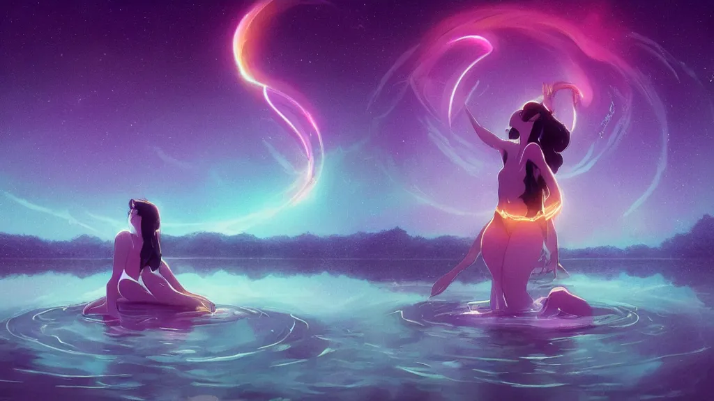 Image similar to one beautiful whimsical goddess standing in a lake basking in the moonlight, underneath a multi-colored binary blackhole with an accretion disc, glowing trails following her arms, synthwave, by Lois van Baarle, by Greg Rutkowski, by artgerm, by beeple, by studio ghibli, cinematic angle, volumetric lighting, 4k resolution, octane render, trending on artstation, masterpiece