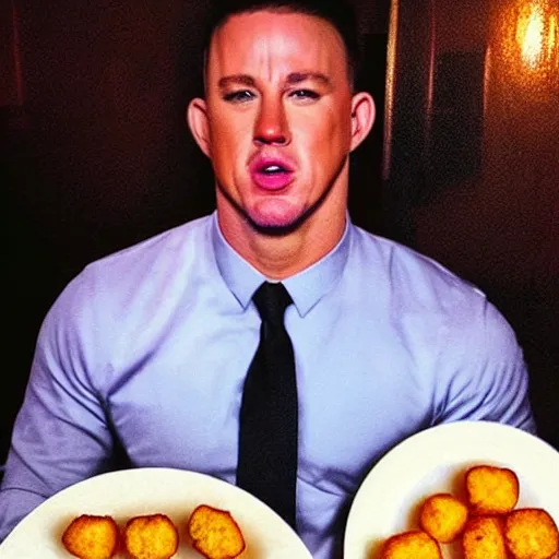 Prompt: channing tatum's face as tater tot on a plate with ketchup, face made from tater tot