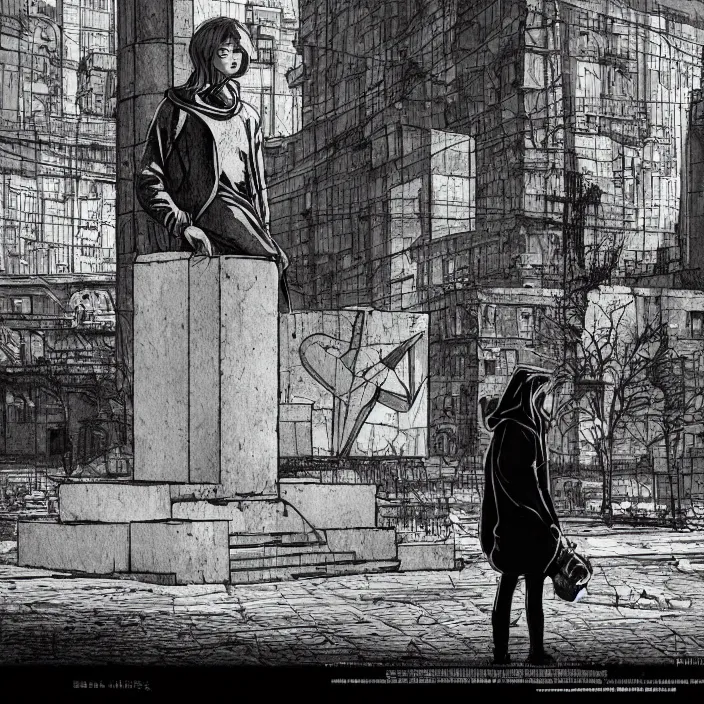 Image similar to storyboard : sadie sink in hoodie sits on bench in ruined square, pedestrians walk by, soviet monument and propaganda posters. scifi cyberpunk. by gabriel hardman. cinematic atmosphere, detailed and intricate, perfect anatomy