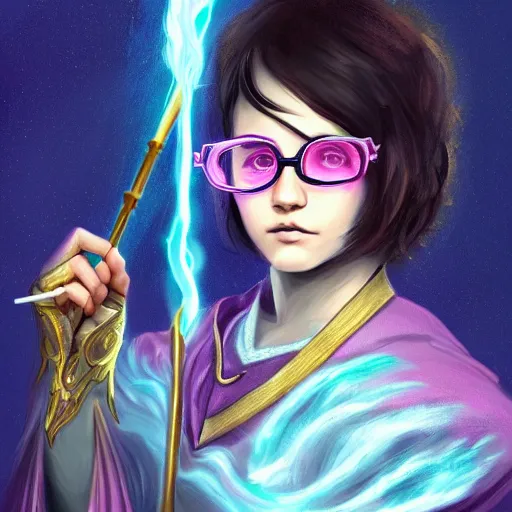 Prompt: A portrait of a young wizard with short dark hair, wearing magic pink glasses of the Arcanist, in dark robes with gold accents, carrying a magical staff, emanating magic, artstation