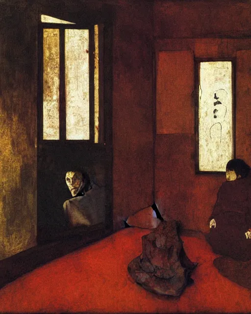 Image similar to early color photo of an old dead couple sitting in a living room in an old apartment and a man is looking through a window,  Beksinski impasto painting, part by Egon Schiele and Gerhard Richter. art by Francisco Goya and Takato Yamamoto,  Francis Bacon masterpiece