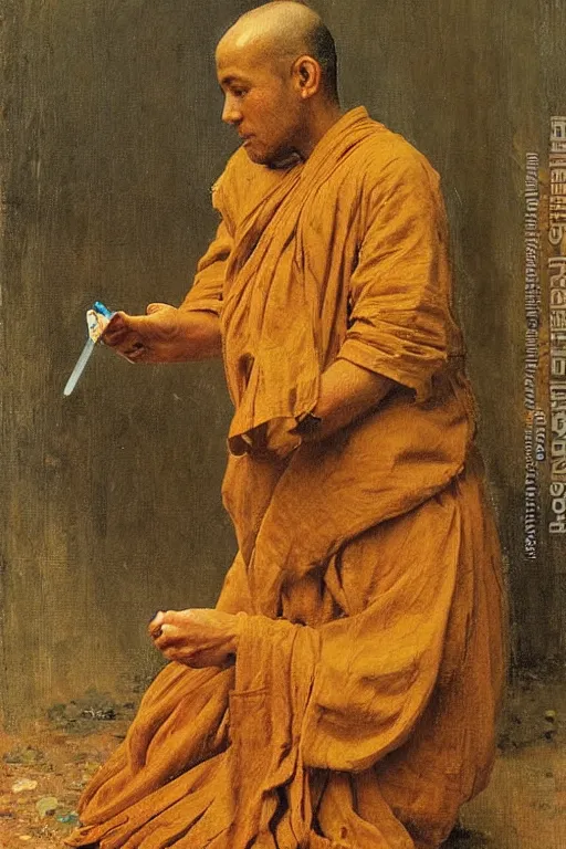Image similar to robot monk painting a self - portrait on a canvas. intricate, highly detailed, photorealistic, film still, by ilya repin.