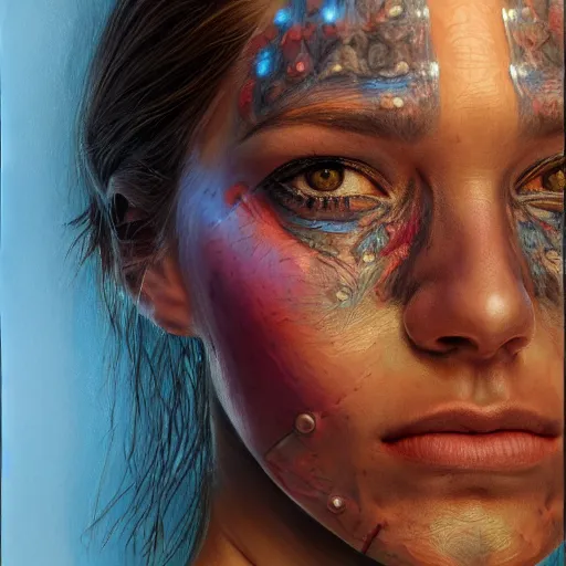 Image similar to Intricate five star Cyborg facial portrait by Anna Kullberg, Colored pencil on paper, high detail, skin texture, photo realistic, hyperrealism,matte finish, high contrast, 3d depth, masterpiece, vivid colors, artstationhd