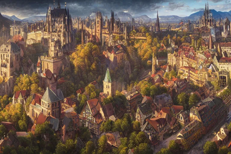 Image similar to an ultra detailed matte landscape painting of an german renaissance capital city built into the side of a mountain with many tall spirally towers, sweeping vista, german renaissance architecture, ultrawide lens, aerial photography, 8 k, volumetric lighting, smooth, highly detailed, digital illustration, art by greg rutkowski and akira toriyama and artgerm