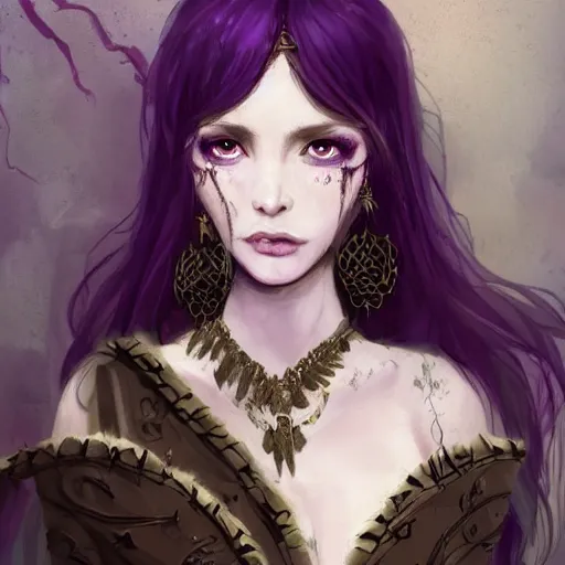 Image similar to Beautiful and cunning witch with long dark hair walking within a decayed medieval temple. She wears a purple dress adorned in jewelry flashing gold, trending on artstation, dark fantasy