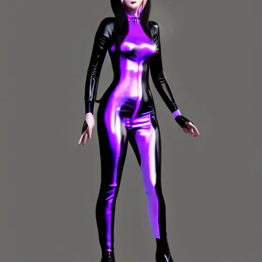 Prompt: a pale goth woman with purple skin and a modest elaborate elegant black-gold multilayered latex striped tight high-neck outfit, fully clothed, cgsociety, photorealistic, sublime-cool-badass-hyperadvanced, 16k, smooth, sharp focus, trending on ArtStation, volumetric lighting