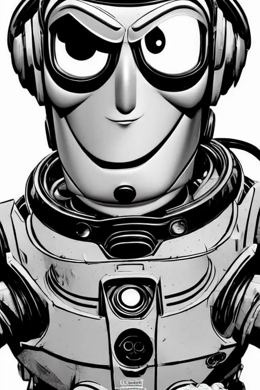 Image similar to a study of cell shaded portrait of Buzz Lightyear as a robot Borderlands 3 character, llustration, post grunge, concept art by josan gonzales and wlop, by james jean, Victo ngai, David Rubín, Mike Mignola, Laurie Greasley, highly detailed, sharp focus, alien, Trending on Artstation, HQ, deviantart, art by artgem