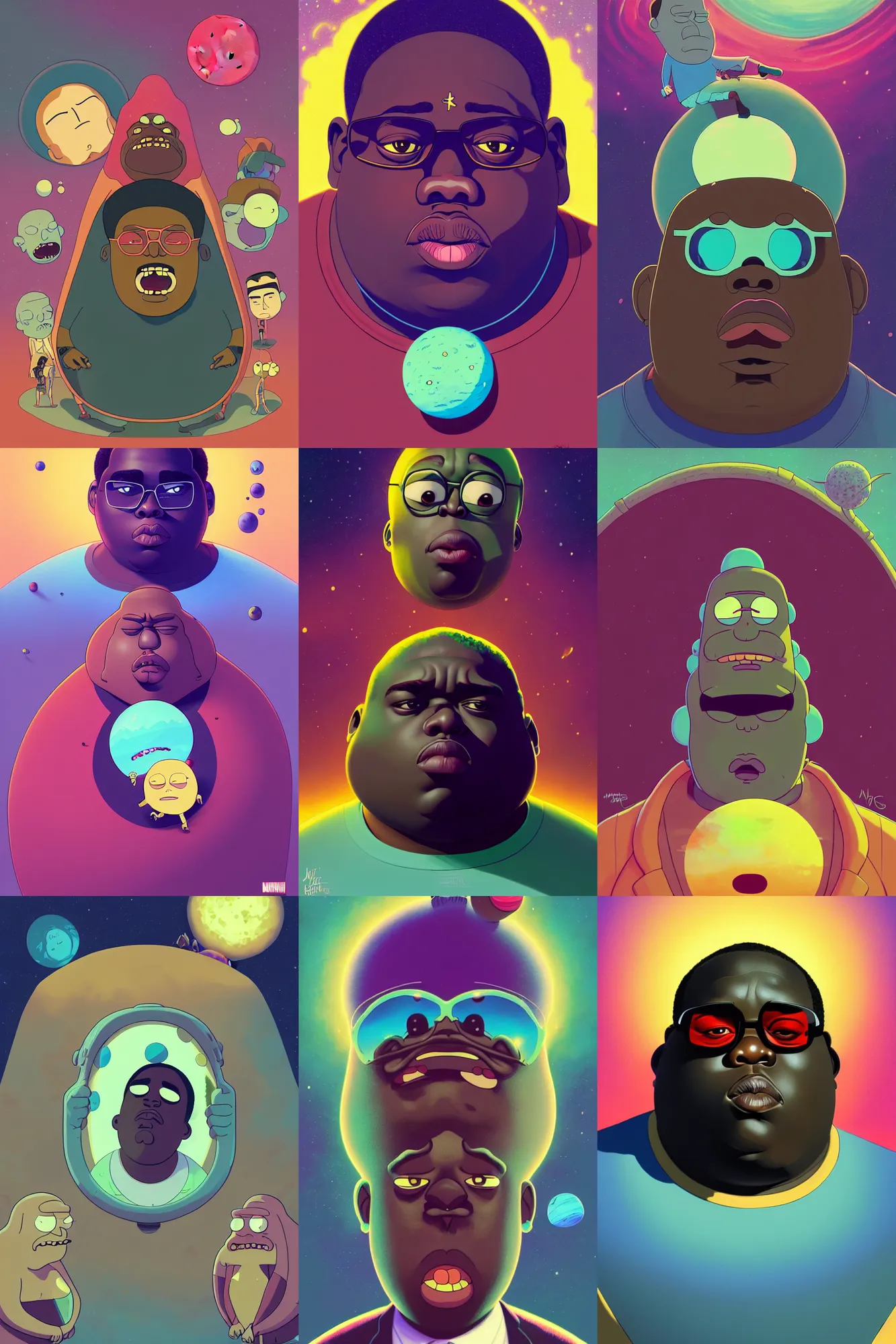 Prompt: the notorious b. i. g. as a cromulon planet from rick and morty, head as a planet, animation pixar style, shaded lighting poster by magali villeneuve, artgerm, jeremy lipkin and michael garmash, rob rey and kentaro miura style, trending on art station