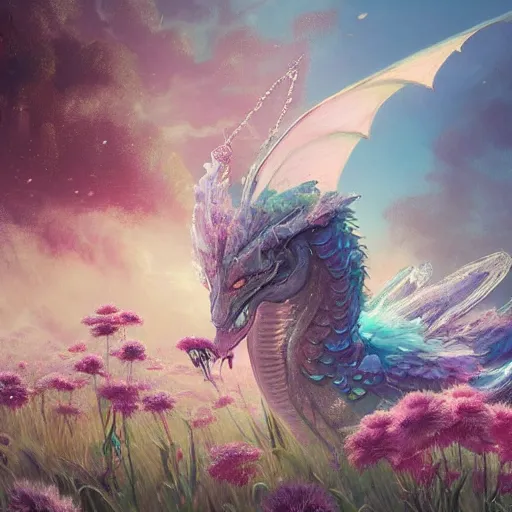 Image similar to beautiful digital fantasy illustration of a closeup adorable giant fluffy feathered sparkling pearlescent pastel dragon sitting alone in a flower meadow, concept art by greg rutkowski, anato finnstark, and rebecca guay, highly detailed, soft lighting,Anton faadev, rendered in octane