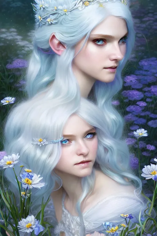 Image similar to highly detailed illustration beautiful white - haired fairy princess in a flower garden, wonderful blue eyes, deep focus, d & d, fantasy, complex, elegant, highly detailed, digital painting, artstation, concept art, matte, clear focus, illustration, hearthstone, art by artgerm and greg rutkowski and alphonse mucha