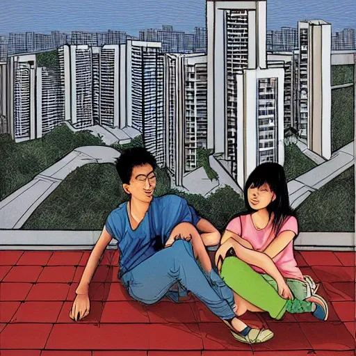 Image similar to art of two singaporean students sitting on the roof of a hdb flat, by moebius