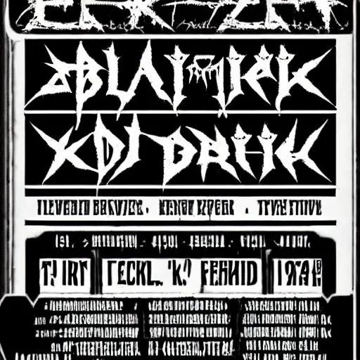 Prompt: black metal concert flyer, black metal logos, unreadable, 3 band lineup, local bar, d. i. y. venue, basement show