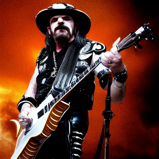 Image similar to lemmy kilmister as an angel coming down from the clouds, guitar in hand, realistic, 8k resolution, hyperdetailed, highly detailed, real life, studio lighting, high quality, dramatic shot,