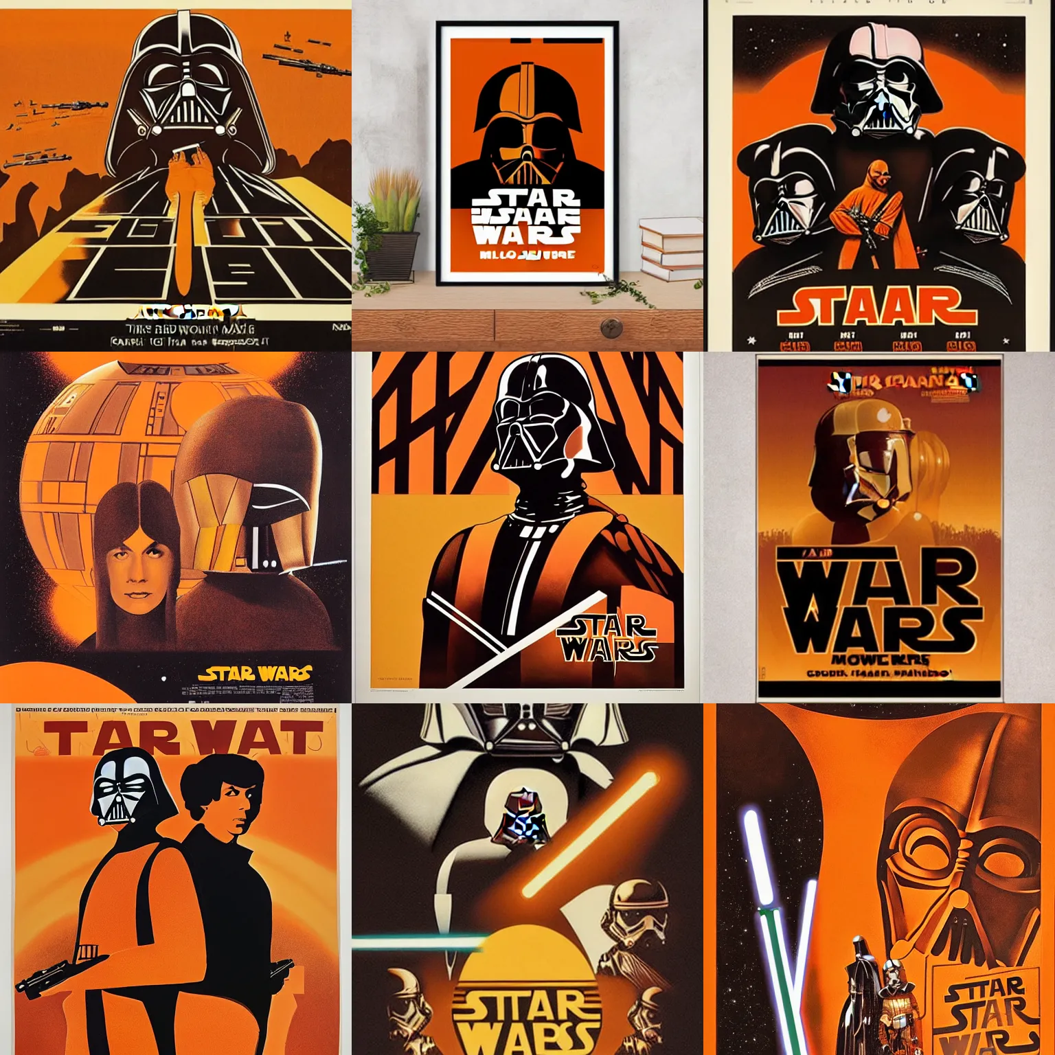 Prompt: orange and brown movie poster for star wars milton glaser