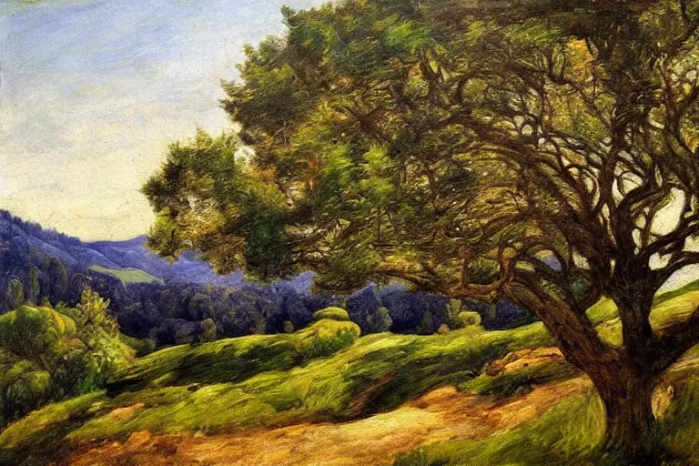 Image similar to masterpiece painting of oak trees on a hillside overlooking a creek, dramatic lighting, by annie swynnerton