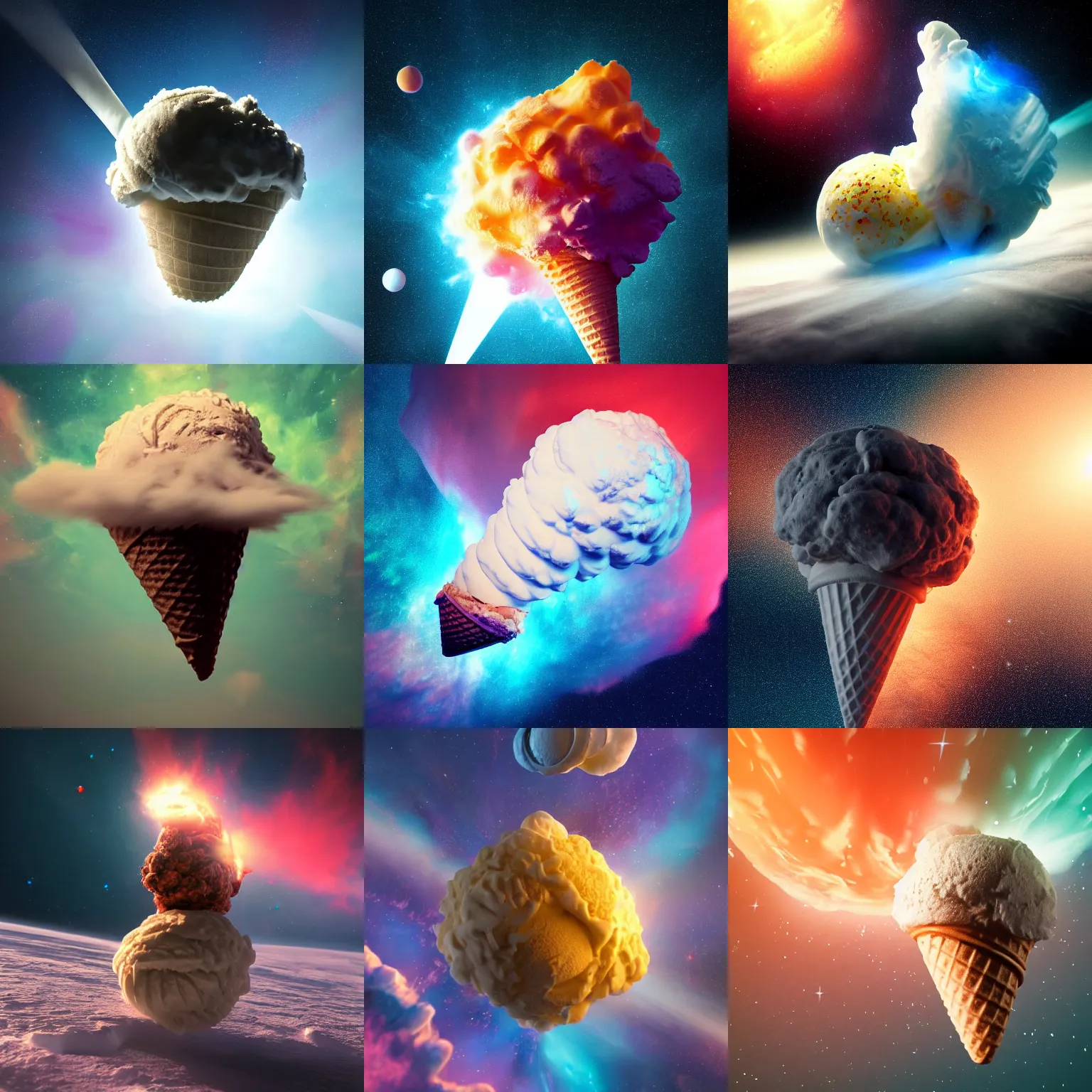 Prompt: dramatic render of a nebulous ice cream cone floating in space, radiating with a supernova of flavors, cgsociety, artstation, 4 k