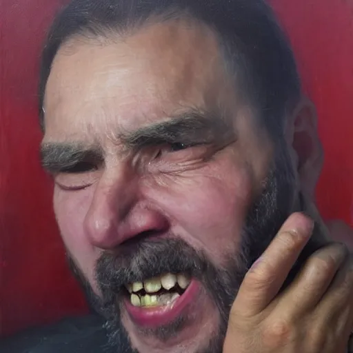 Prompt: a man taking a bite of his finger, realistic oil painting