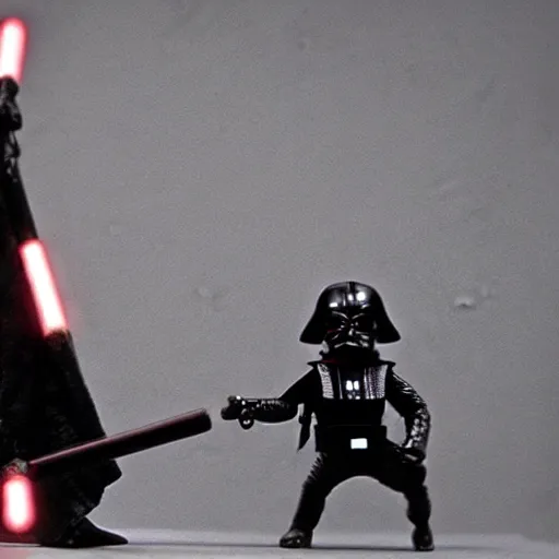 Image similar to claymation scene from star wars of darth vader lightsaber battle against luke skywalker