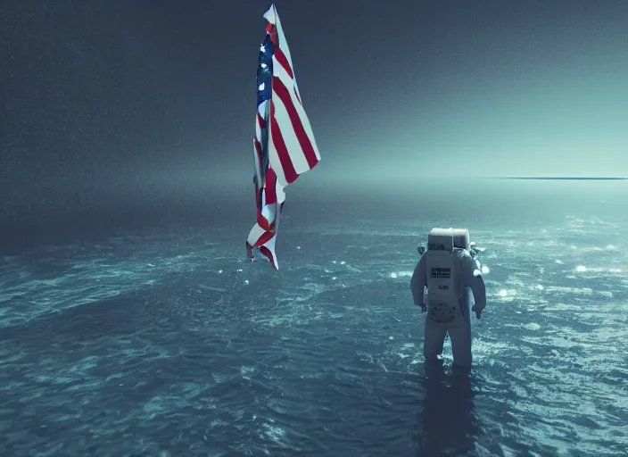 Image similar to astronaut underwater putting a flag on the bottom of the ocean. in the background, a submarine is visible. dark, cinematic, dramatic, blender, photorealistic, octane render, 8 k, volumetric lighting, trending on artstation