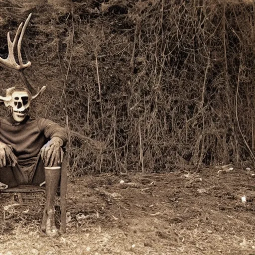 Prompt: a side view of a decomposing man with moose antlers sitting in an invisible chair.