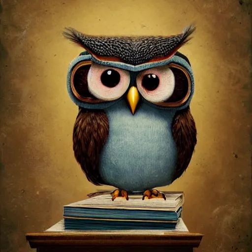 Image similar to long shot of a very cute plushy owl with closed eyes sitting on a pile of antique books, by esao andrews, by james jean, humorous illustration, hyperrealistic, big depth of field, fresh colors, dim light, 3 d octane render conceptart, 4 k, hyperdetailed, trending on artstation