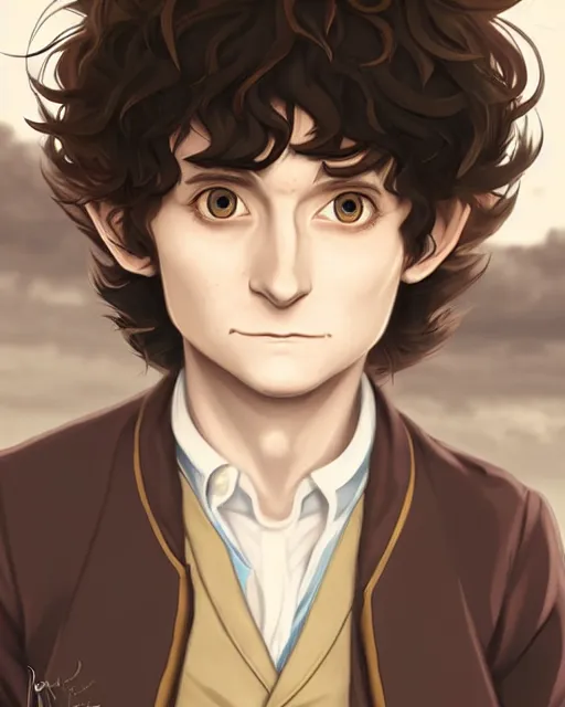 Image similar to portrait Anime joyful Hobbit Frodo Baggins; velvet brown jacket, backpack, Shire background || cute-fine-face, pretty face, realistic shaded Perfect face, fine details. Anime. realistic shaded lighting by brom