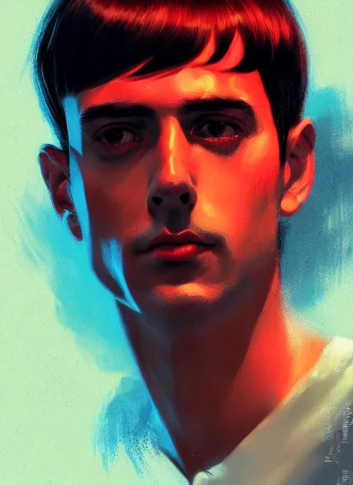 Image similar to portrait of chico buarque with bangs, 1 9 6 0 s, long hair, red clothes, bangs, intricate, elegant, glowing lights, highly detailed, digital painting, artstation, concept art, smooth, sharp focus, illustration, art by wlop, mars ravelo and greg rutkowski