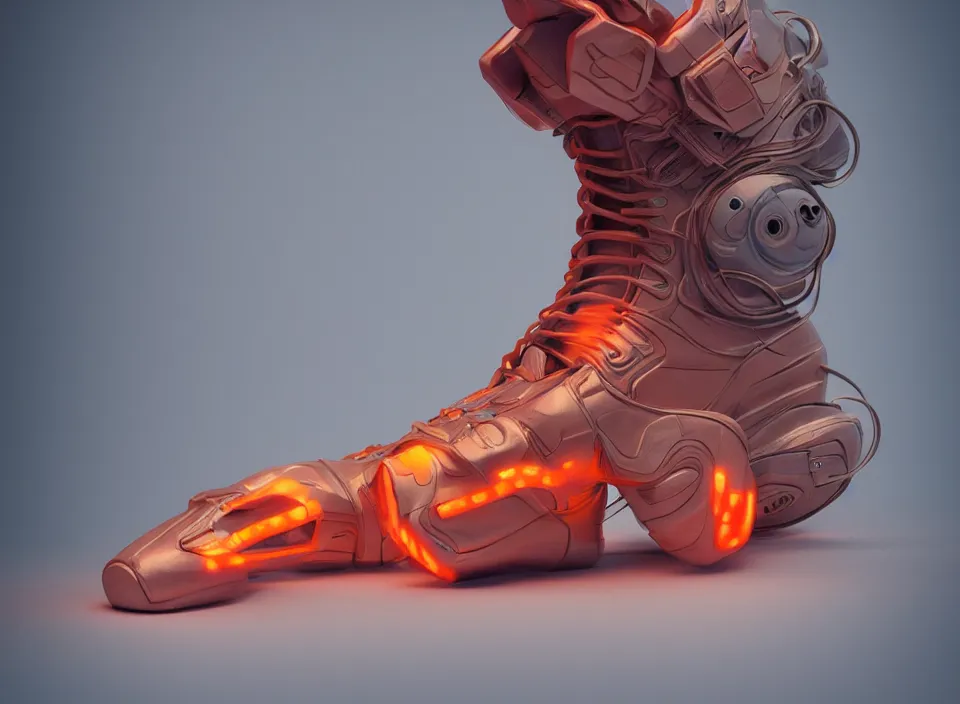 Image similar to realistic 8 k sculpture of 1 futuristic sneaker with neon illuminated rubber soles and soft orange laces on a grey surface, clean 3 d render, beautiful studio lighting, soft, sharp focus, cyberpunk, intricate detail, gold and red accents, soft rubber, octane render, trending on artstation, deviantart, art by syd mead