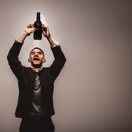 Prompt: a man boisterously dancing around the room by himself holding an empty bottle jumps in the air, dramatic lighting, award-winning photo UHD, 4K