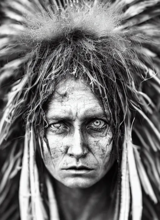 Image similar to Award winning Editorial photo of a female Native Liechtensteiners with incredible hair and beautiful hyper-detailed eyes wearing traditional garb by Lee Jeffries, 85mm ND 5, perfect lighting, gelatin silver process