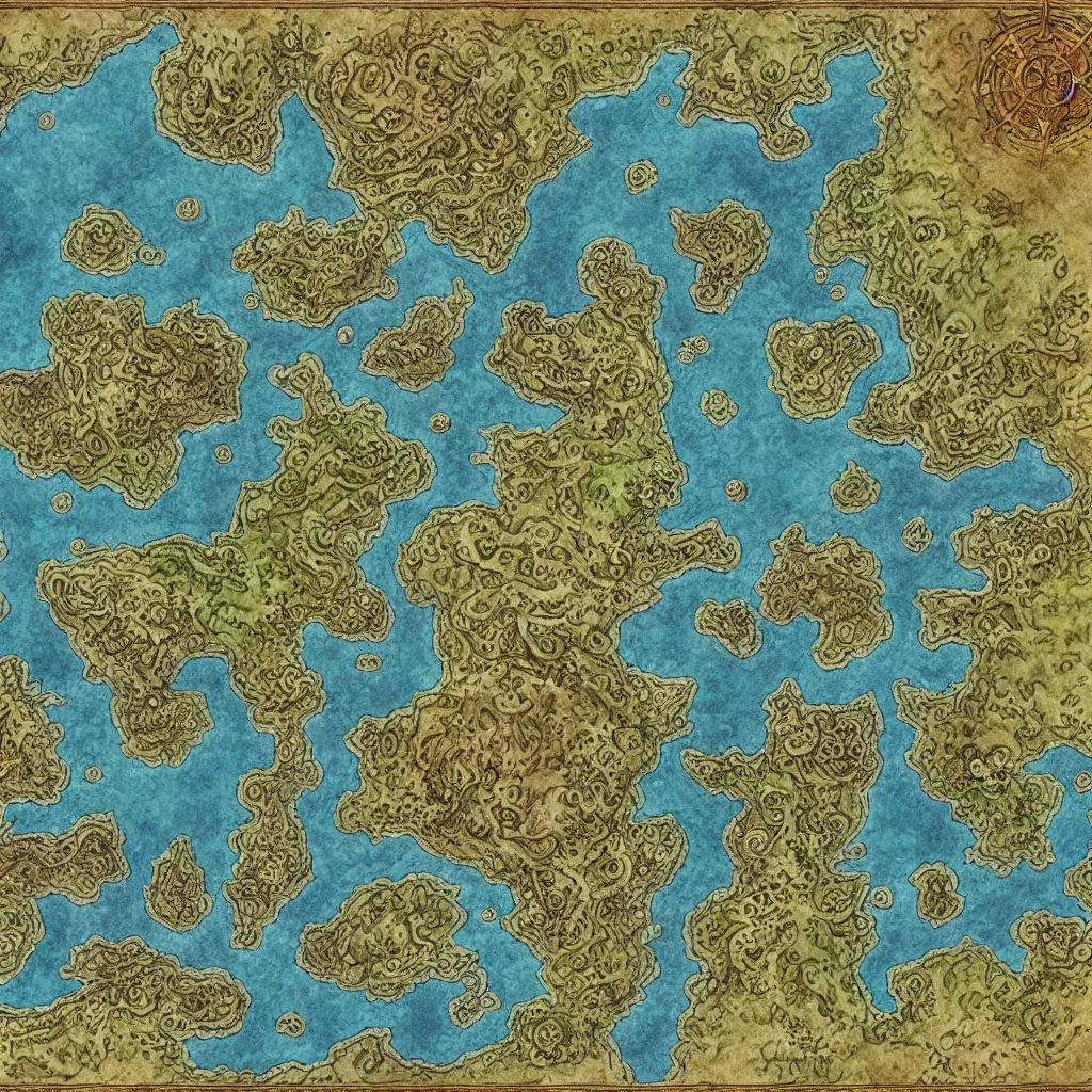 Image similar to detailed fantasy map, cartography, art by devon rue, swllsword maps, critical role, wotc, roll 2 0, dndbeyond, godsfall, fantasy, world, bright, sharp focus, smooth, sharpened