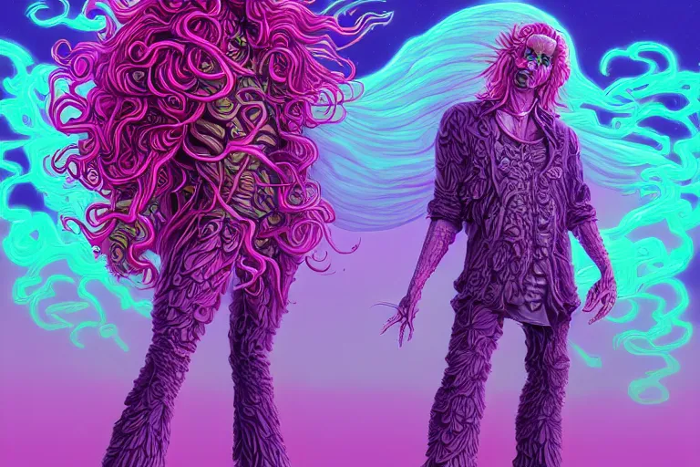 Image similar to cell shaded, a vaporwave ombre biomechanical druid of creativity, flowing hair, beautiful character fashion design, by josan gonzalez, shag, nagel, and paul lehr and david heskin and seb mckinnon and jared s. merantz and alex grey, hi - fructose, 8 k, digital matte painting