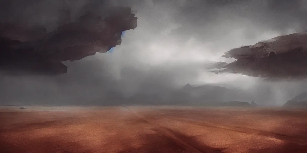 Prompt: rainy desert, concept art, moody, movie shot, wide lens, trending on artstation