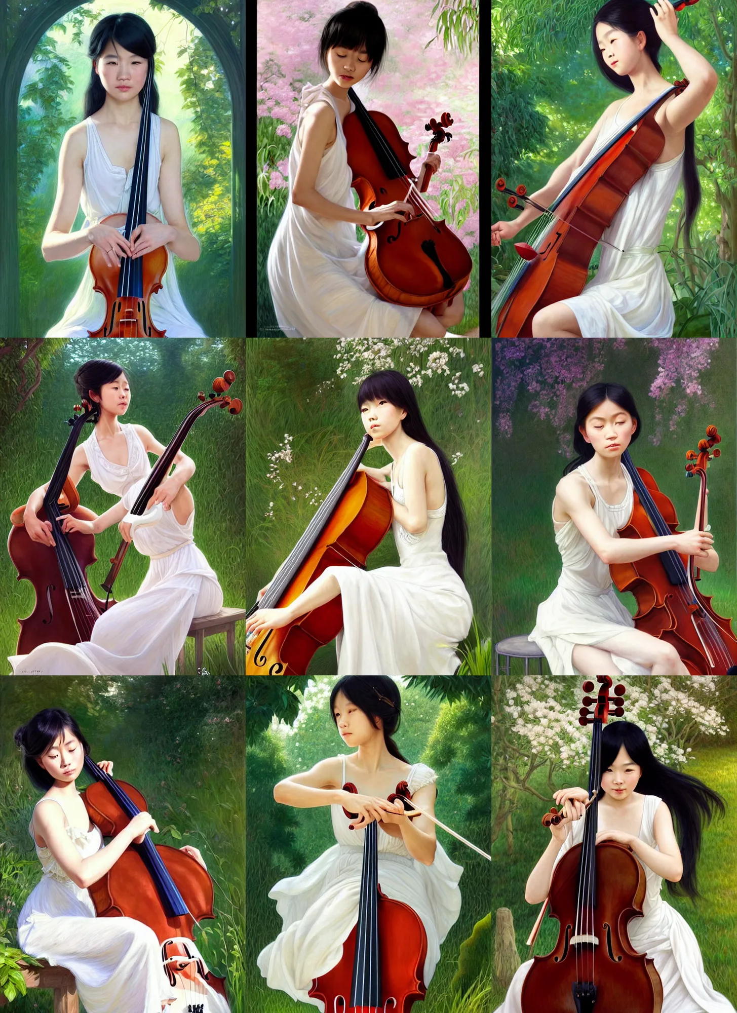 Prompt: character concept portrait of me as a young asian girl in a white slip dress playing a cello in the sun, in garden, intricate, elegant, highly detailed, digital painting, artstation, concept art, symmetry, smooth, sharp focus, illustration, art by artgerm and rutkowski and mucha