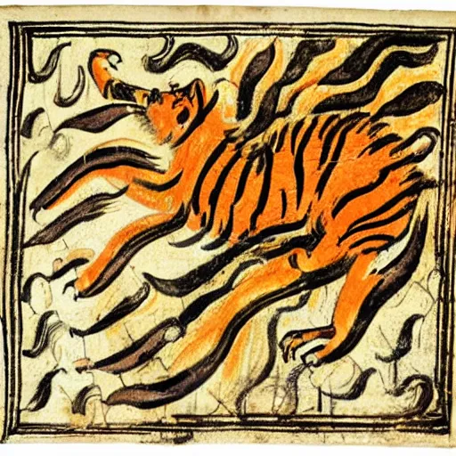 Prompt: bad drawn tiger of fire with many legs flying in a medieval manuscript, medieval manuscript, golden miniatures