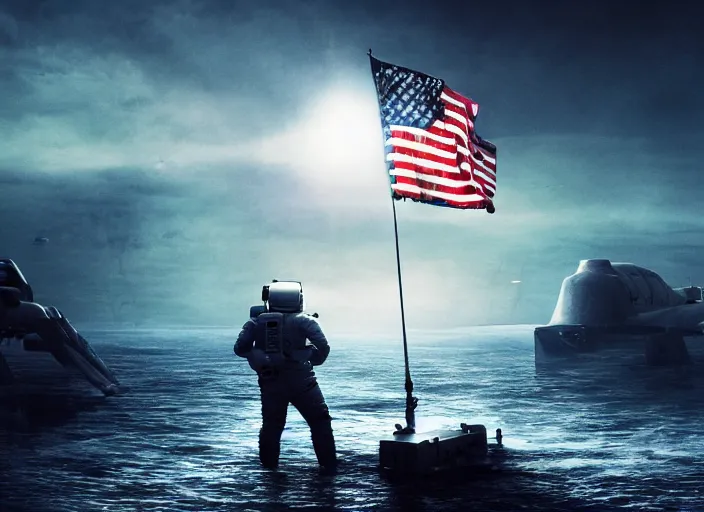 Image similar to astronaut holding a flag in an underwater desert. a submarine is visible in the distance. dark, concept art, cinematic, dramatic, atmospheric, 8 k, trending on artstation, blue, fish, low visibility, fog, ocean floor, christopher nolan, interstellar