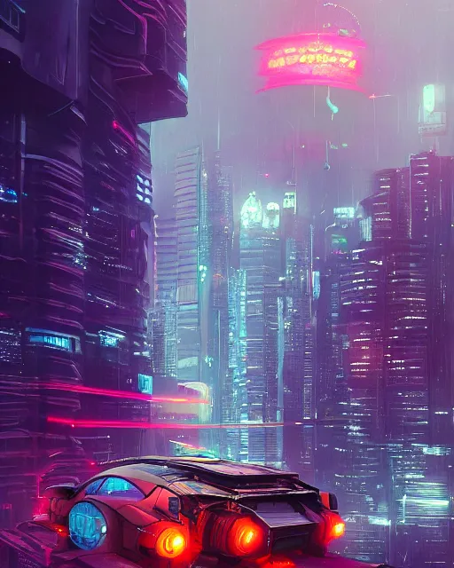 Image similar to cyberpunk vehicle above a city, scifi, futuristic, neon light, highly detailed, concept art, sharp focus, trending on artstation, intricate, atmosphere, raining, art by roman makarenko, dzung phung dinh