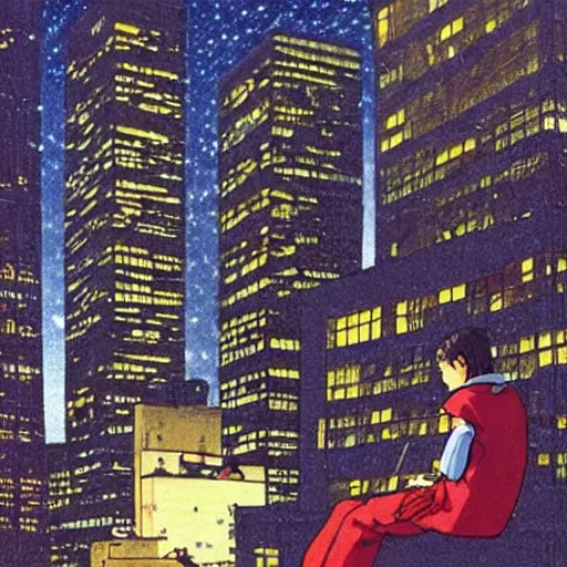 Image similar to a kid in a big city, sits on rooftop, watches a beautiful night full of stars and tech buildings, by satoshi kon and basil gogos