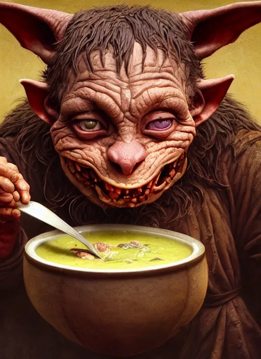 Image similar to highly detailed closeup portrait of a medieval goblin eating soup, stephen bliss, unreal engine, greg rutkowski, ilya kuvshinov, ross draws, hyung tae and frank frazetta, tom bagshaw, tom whalen, nicoletta ceccoli, mark ryden, earl norem, global illumination, god rays, detailed and intricate environment