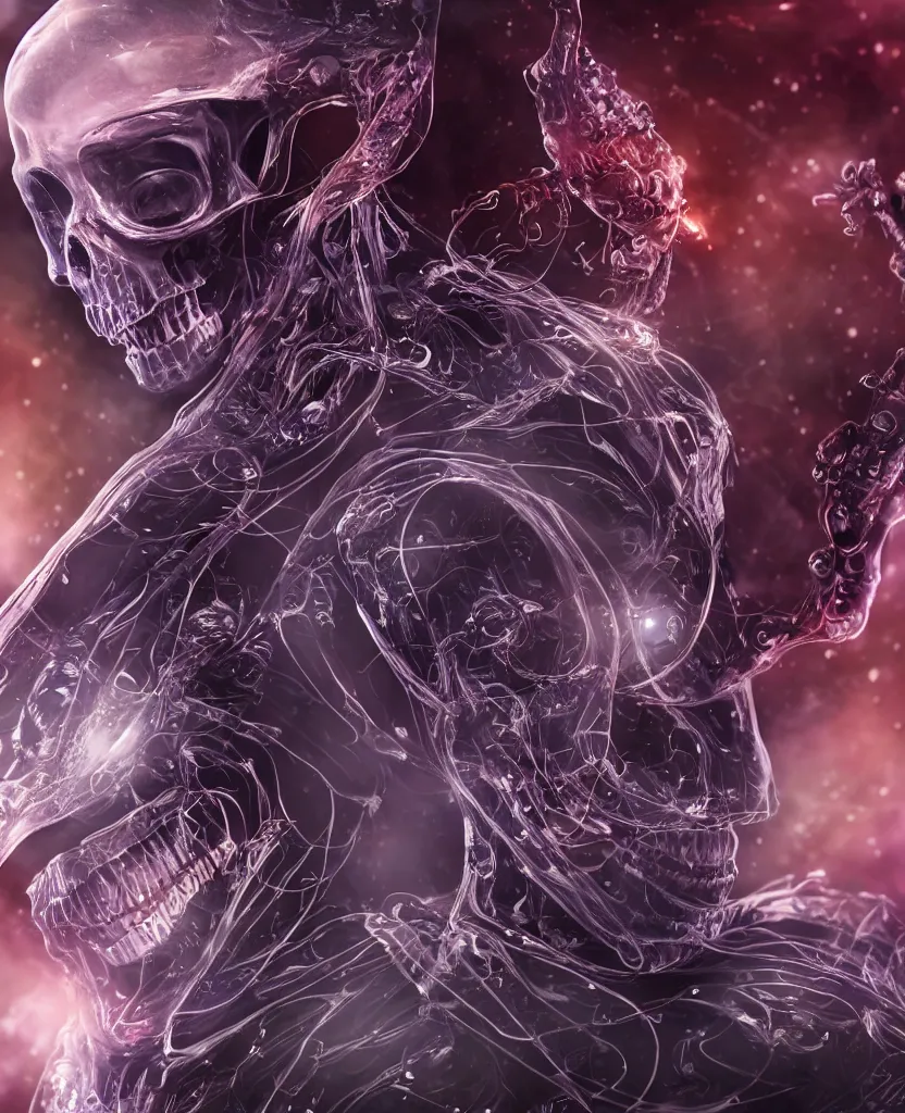 Prompt: close-up macro portrait of the face of a beautiful princess rotten skull in a spaceman suit, epic angle and pose, symmetrical artwork, 3d with depth of field, blurred background, cybernetic jellyfish female face skull phoenix bird, translucent, nautilus, energy flows of water and fire. a highly detailed epic cinematic concept art CG render. made in Maya, Blender and Photoshop, octane render, excellent composition, cinematic dystopian brutalist atmosphere, dynamic dramatic cinematic lighting, aesthetic, very inspirational, arthouse. y Greg Rutkowski, Ilya Kuvshinov, WLOP, Stanley Artgerm Lau, Ruan Jia and Fenghua Zhong