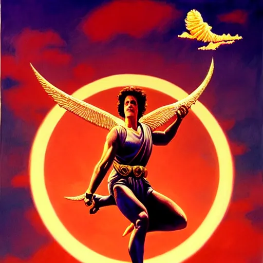 Image similar to Sigourney weaver as goddess Athena, full body, Flying in a Red clouded Sky, by Alex Ross, atmospheric lighting, painted, intricate, golden hour, ultra detailed