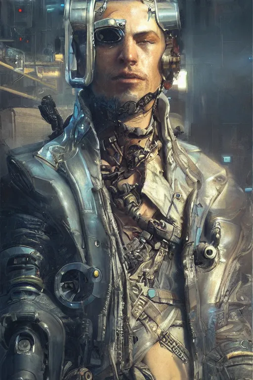 Image similar to a futuristic cyberpunk pirate with a cybernetic eyepatch, upper body, highly detailed, intricate, sharp details, dystopian mood, sci-fi character portrait by gaston bussiere, craig mullins