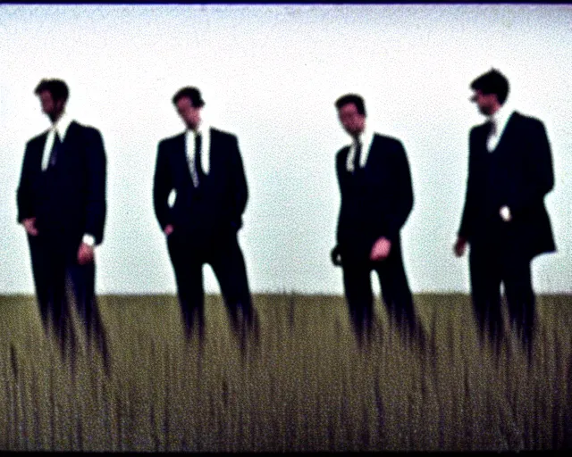 Image similar to 8 mm film, blurry, grainy, liminal, unsettling, group of tall men in suits in a field, thunderstorm, dark night