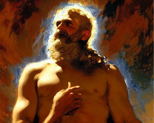 Prompt: zeus sits in judgement over all of mankind, painting by gaston bussiere, craig mullins, j. c. leyendecker