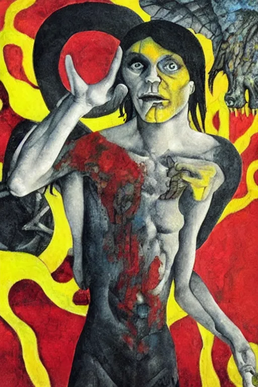 Image similar to surreal a lithe brian molko as delirium of the endless, the sandman, in a post apocalyptic hellscape, esoteric symbolism, intense emotional power, red yellow black, palette knife oil painting by peter booth, josh kirby and william blake