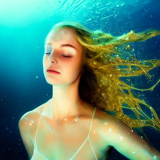 Image similar to beautiful robot mermaid in emotional movement, underwater photography and light scattering, water refractions turned out impressive imho,