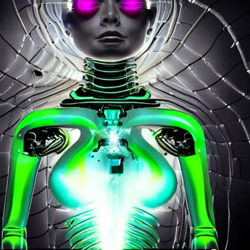 Image similar to the torso of fully a mechanical terminator lady with borg implants, human face and robotic snakes coming out of her head is hanging from cables and wires off the ceiling of an futuristic computer lab and plugged into a quantum computer. Her bottom half is missing with cables hanging out. She is taking a sip from a cup of coffee. Tiny green led lights in her cybernetics. very detailed 8k. Cyberpunk horror style.