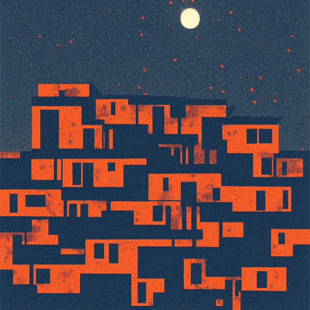 Prompt: staring at the night sky, mads berg, karolis strautniekas, film noir, stippled light, dramatic lighting, editorial illustration, detailed, fine texture, matte print, art deco, brutalism, dark blue + dark orange, red, black, ( ( habitat 6 7 background ) )